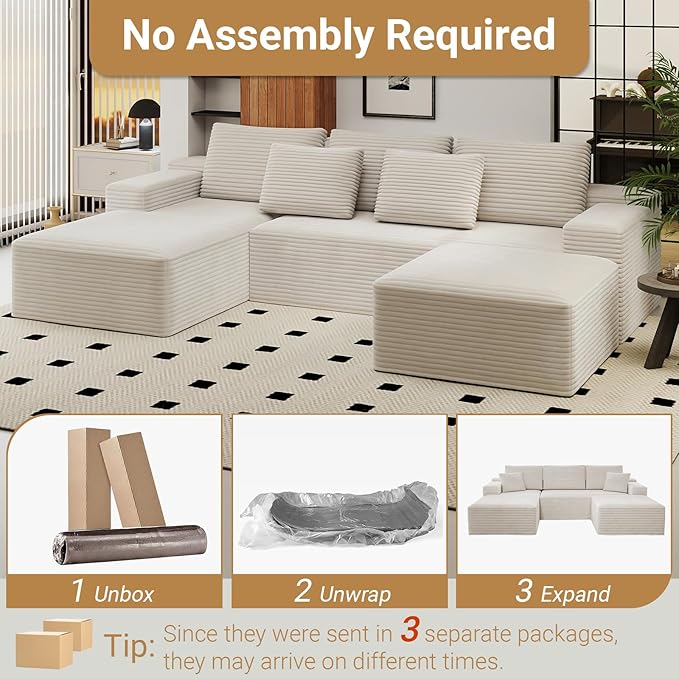 KAPEETOO U Shaped Boneless Sectional Couch with Chaise Ottoman, Giant Cloud Modular Sectional Sofa with Deep Seat, Oversize 3-Seater Boneless Couch for Living Room Bedroom Left Facing Chaise (White)