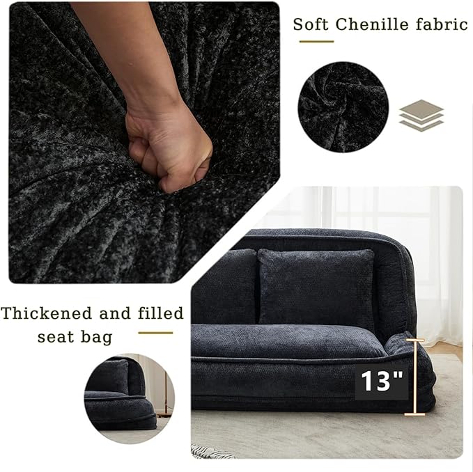 Foldable Lazy Sofa Bed, Chenille Upholstered Human Dog Bed for Adults, 2 in 1 Convertible Floor Sofa with 5 Adjustable Backrest Positions and Soft Cushions for Living Room (Black)
