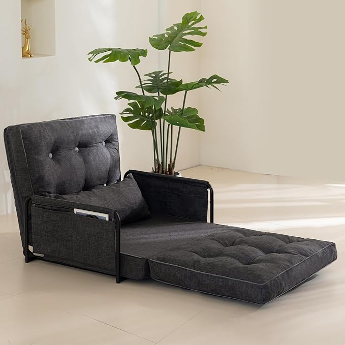 YOSHOOT Adjustable Lazy Floor Sofa, Folding Couch Bed with 5 Positions Adjustable Backrest, Convertible Bean Bag Sofa Bed Couch Foldable Sleeper Chair with Pillow for Reading Gaming（Grey, Single）