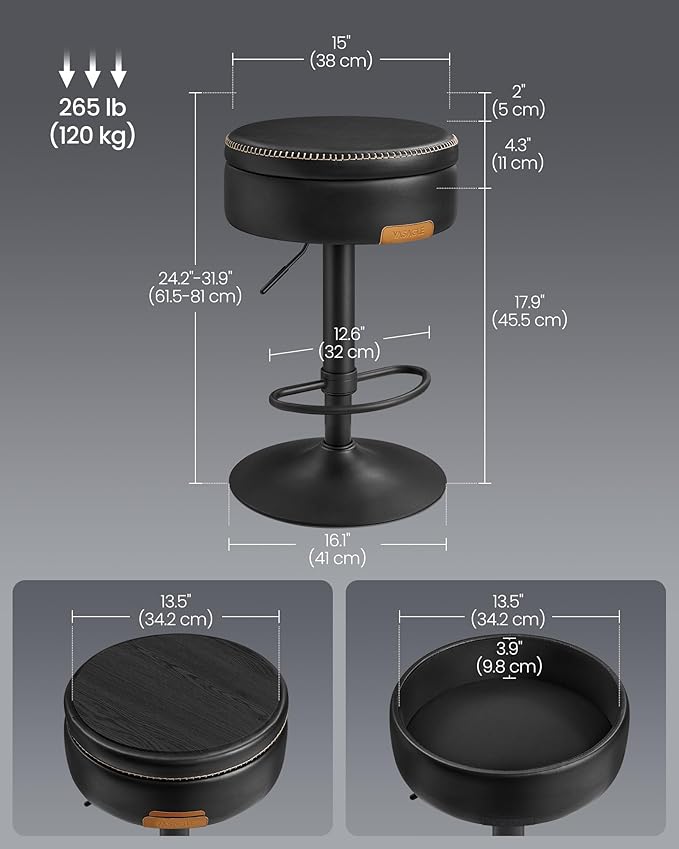 VASAGLE EKHO Collection - 360° Swivel Bar Stool, Height Adjustable Barstool with Storage, Synthetic Leather with Stitching, Mid-Century Modern, Kitchen Bar, Easy Assembly, Ink Black
