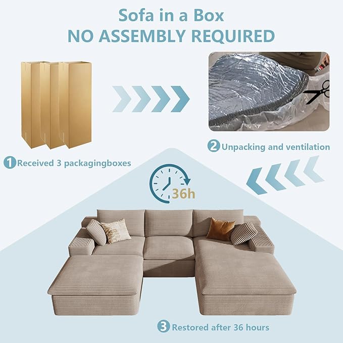 107" Cloud Sectional Couch with U-Shaped Chaise,Viral Corduroy Boneless Sofa with Ottoman,Memory Foam Couches in a Box with Deep Seat for Living Room,No Assembly Required (Camel,Right-Facing Chaise)