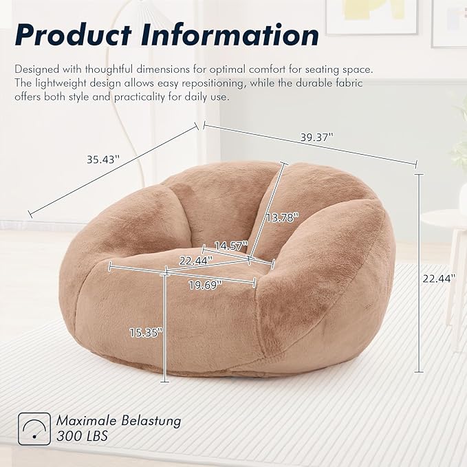 3.28 Feet Bean Bag Chair for Adults, Shell-Shaped Bean Bag Lazy Couch, Faux Fur Cloud Sofa Chair, Lounge Floor Sofa with Filler for Reading, Gaming & Watching, No Assembly Required (Camel)