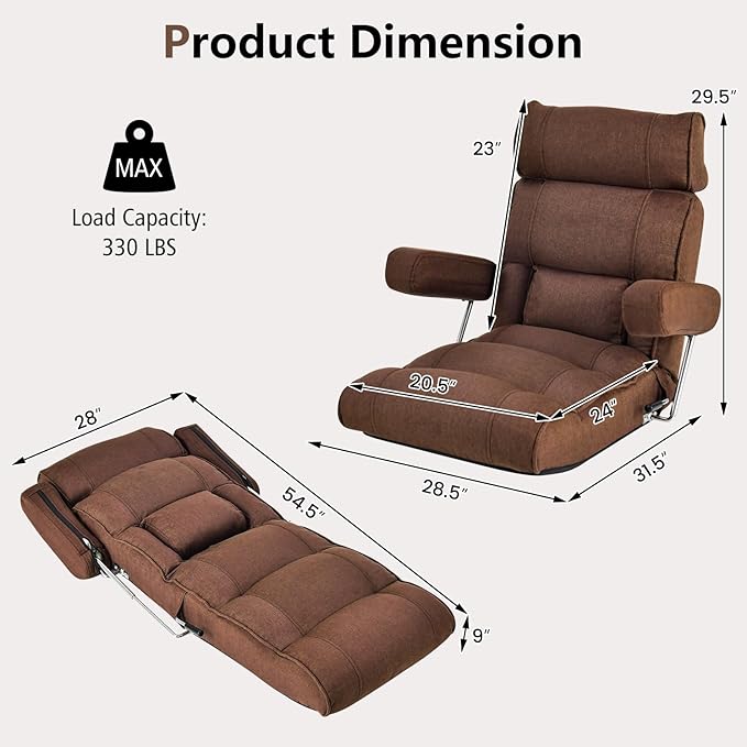 Giantex Adjustable Folding Sofa Chair - Lazy Floor Chair with Infinitely Adjustable Backrest, Extendable Armrest & Seat, Couch Recliner for Meditation, Reading, Gaming Floor Chairs for Adults (Brown)