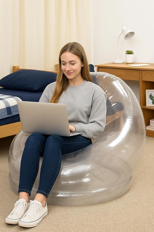 Air Candy Clear Inflatable Chair – 100% Waterproof PVC, Supports 250 lbs, Portable Floor Seating for Dorms, Camping & Gaming