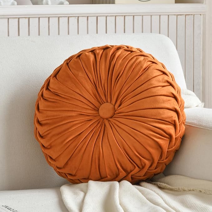 Teieas 2 Pcs Round Throw Pillows Decorative Pumpkin Velvet Boho Pleated Bed Pillows Back Support for Couch Chair Dorm Car 14.96'' (Orange)