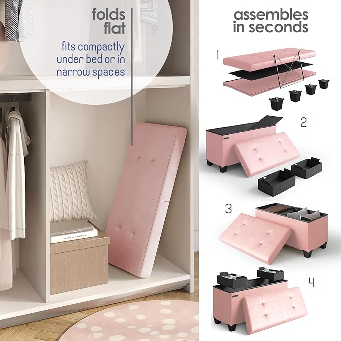 Storage Ottoman Bench with Bins, 30-in Storage Bench for Bedroom End of Bed, Folding Foot Rest Ottoman for Living Room Max 660lbs, Faux Leather Ottomans, Pink