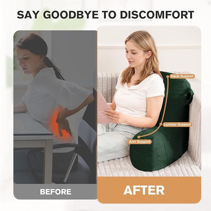 Unisakey Portable Comfy Reading Pillows for Bed Sitting Up(Dark Green Oeko-Tex), Velvet Back Pillow with Arms & Pockets for Adults, Support Memory Foam Bed Pillow for Dorm/Reading/Watching/Gaming