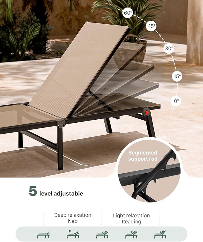 WOAJNQO Aluminum Patio Chaise Lounge Chair Set of 2 with Side Table,5-Position Adjustable Backrest,Foldable Lounge Chair Outdoor,Pool Lounge Chairs for Poolside,Lawn,Deck,Beach (Khaki, 2 Pack+Table)