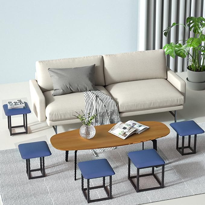 5 in 1 Nesting Ottoman Cube Chair, Stackable Stools, Leather Square Ottoman Bench, Foot Stool with Wheels for Living Room,Dining Room 15.75x15.75x16.54 inches