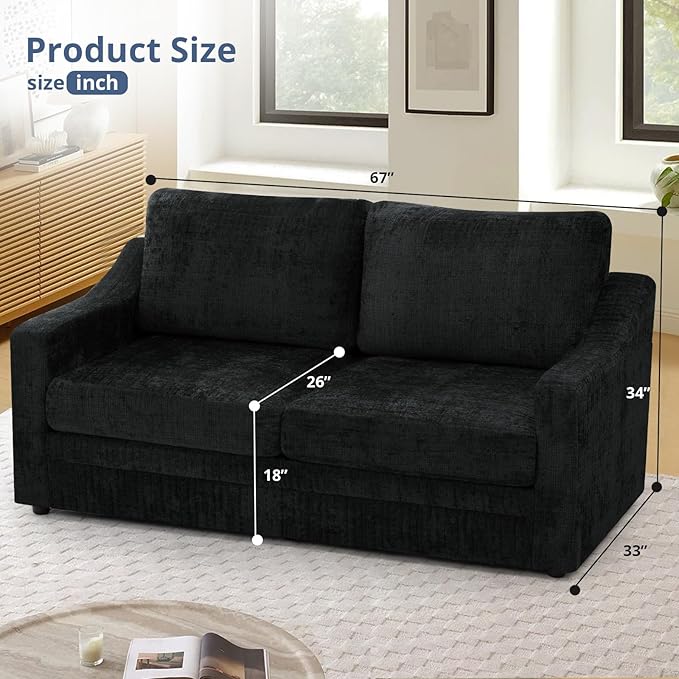 ACMEASE 67 Inches Chenille 2-Seat Sofa w/Comfortable Back Cushions, Modern Love Seat w/Deep Seat Space, Upholstered 2 Seater Couch w/High Resiliency Foam for Living Room, Office, Black