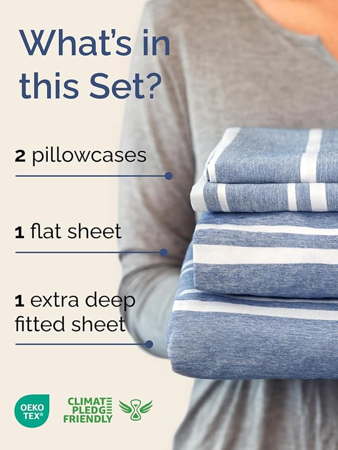 Extra Deep Pocket King Sheets - 4 Piece Breathable & Cooling Bed Sheets - Hotel Luxury Bed Sheet Set - Soft, Wrinkle Free & Comfy - Easily Fits Extra Deep Mattresses - Deep Pocket Blue Striped Sheets