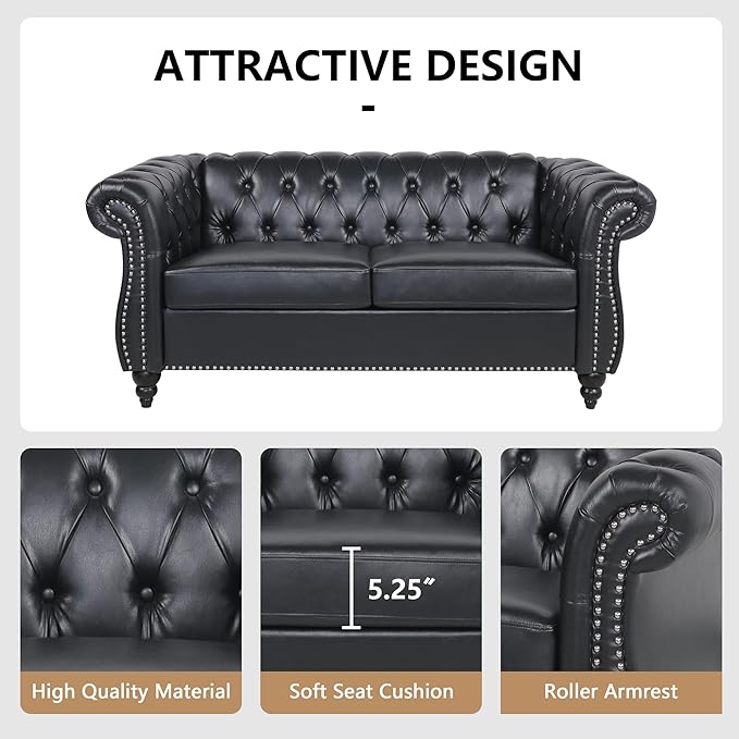 QHITTY Accent Sofa, Chesterfield Loveseat Modern Leather Couch Upholstered Sofa with Tufted Back for Living Room Furniture (Black)