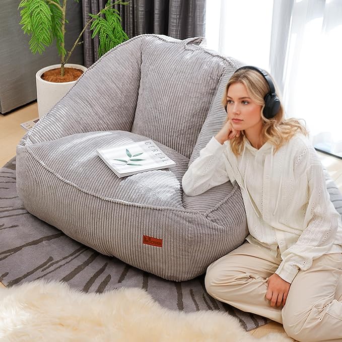Bean Bag Chair, Cozy Fluffy Beanbag Chairs with Filler for Teens and Kids, Floor Lazy Sofa for Living Room, Gaming & Reading（M-Light Grey）
