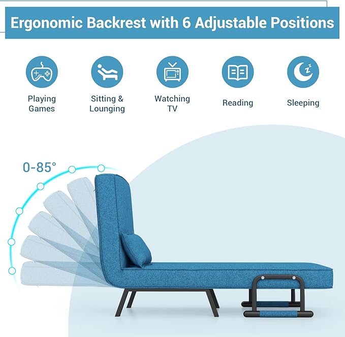 KOMFOTT Convertible Sleeper Chair Bed, 4-in-1 Folding Sofa Bed with 6-Position Adjustable Backrest, Upholstered Chaise Lounge with Removable Pillow, Leisure Recliner Lounge Couch for Home Office