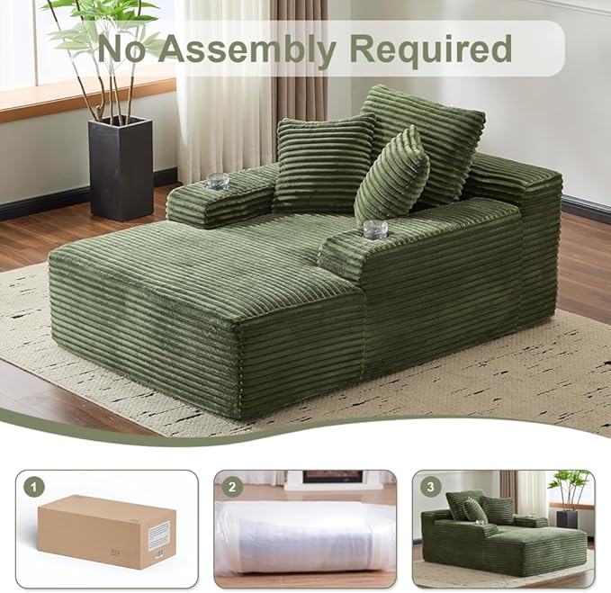66" Oversized Chaise Lounge Sofa Chair Indoor, Modern Corduroy Single Sleeper Couch Chair with 3 Soft Pillows＆Cup Holder, Boneless Cloud Couch Single Seat Sofa Bed for Living Room Office (Green)
