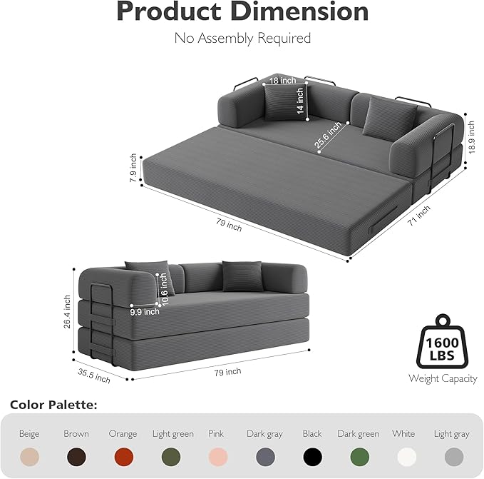 79 Inch 5-in-1 Convertible Sofa Bed, Corduroy Boneless Floor Couch with Fixed Frame & Pillow, Modular Folding Mattress Lounger for Small Space, Living Room, Bedroom - Easy Assembly(DARK GRAY)