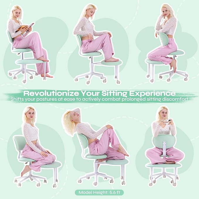 Pinmoco Ergonomic Cross Legged Office Chair with Wheels, ADHD Chair for Adults, Meditation Chair, Yoga Office Chair, Comfortable Back Support, Height Adjustable,Small Spaces, PU Leather, Green