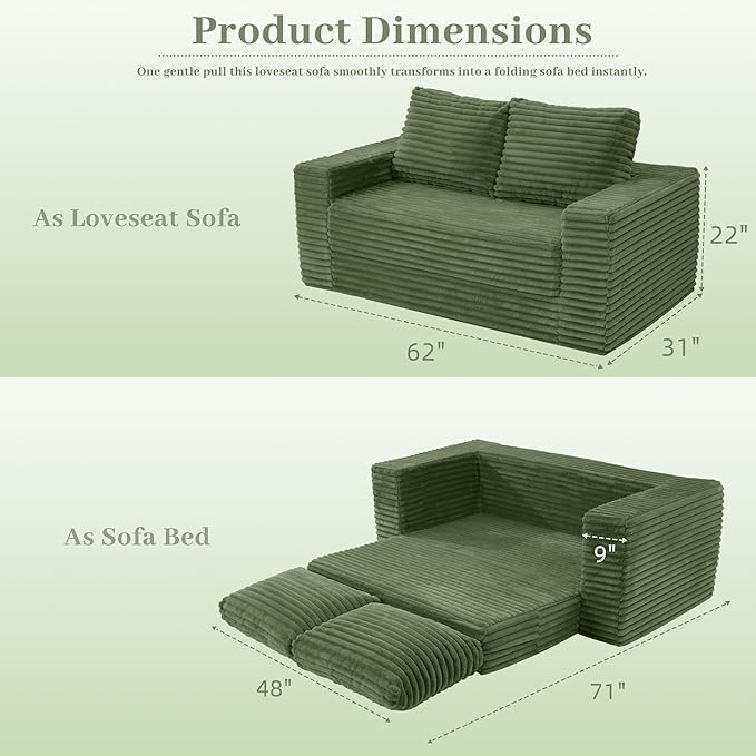 HABUTWAY Convertible Folding Sofa Bed Couch,3 in 1 Pull Out Couch Bed,Loveseat Sleeper Sofa Bed,Boneless Couches with Pillows for Living Room Bedroom, Green