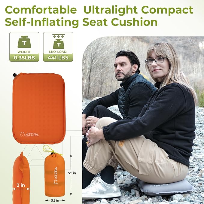 ATEPA Inflatable Seat Cushion, Self-Inflating Portable Stadium Airplane Travel Foam Cushion Pad for Camping, Sports Events, Outdoor