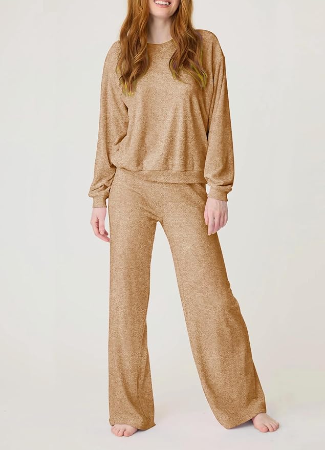 Aamikast Women's 2-Piece Lounge Set Soft Brushed Jersey Sleepwear Pajamas Set Long Sleeve Top & Wide Leg Pants