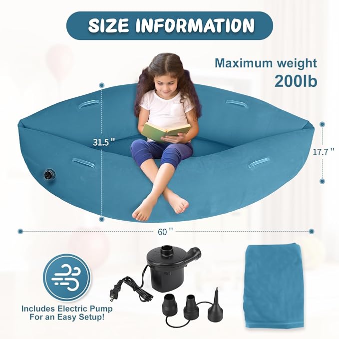 Toggloo Upgraded Sensory Chair for Kids — 60" Sensory Pod Sitting for Autistic Children, Peapod Canoe, Inflatable Peapod for Children, ADHD Sensory Pea Pod with Electric Air Pump,Light Blue