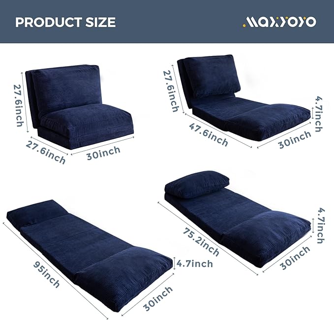 MAXYOYO Folding Sofa Bed, Extra Thick and Long Floor Sofa Convertible Sleeper Chair with Washable Cover, Floor Couch Lounge Bean Bag Bed for Living Room, Navy, 30x95 Inch
