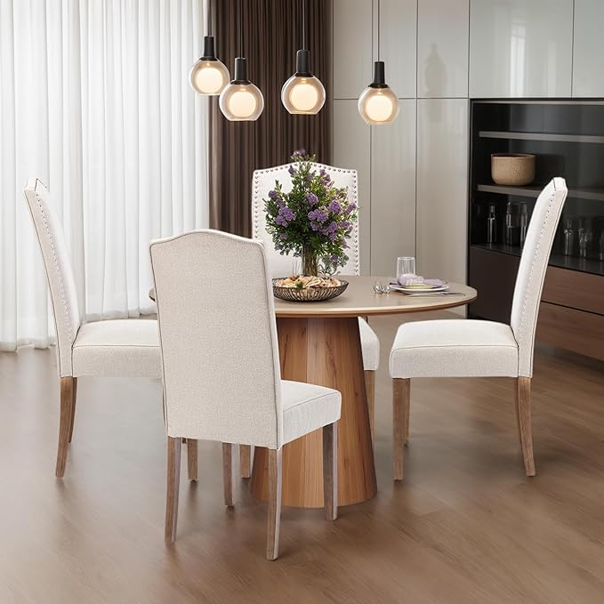 SNUGWAY Upholstered Dining Chair Stylish Parsons Kitchen High Back with Silver Nailhead Trim & Wood Legs, 2-Pack, Fabric Beige