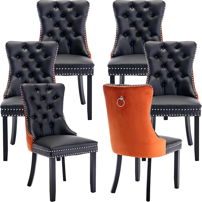 YeahFurn Modern Dining Chairs Set of 6, Tufted Upholstered Dining Room Chairs with Nailhead, PU Leather Front & Velvet Back, Solid Wood Legs, Kitchen Chairs, Sillas de Comedor (Black & Orange)