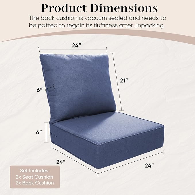 Luxury Outdoor Seat Cushion Set-24 x 24 x 6 Inch Outdoor Chair Cushions with Water Resistant & Removable Cover Outdoor Cushions for Patio Furniture Chair Sofa Couch