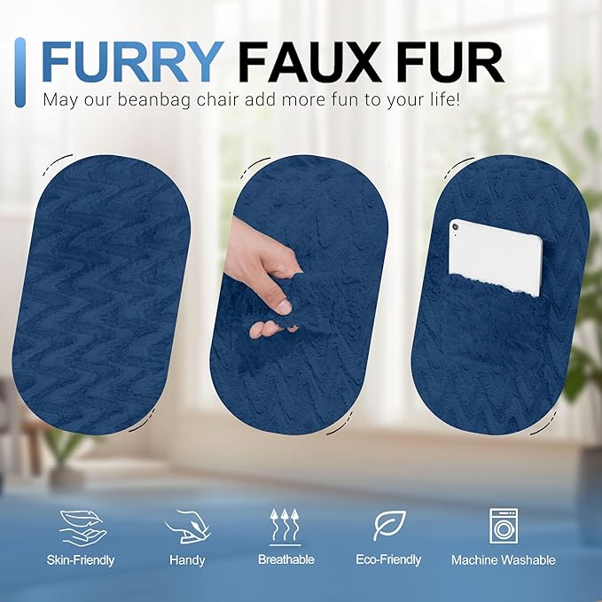 5FT Bean Bag Chair,Giant Bean Bag Chairs for Adults,Big Bean Bags with Memory Foam Filled, Large Beanbag Chairs with Chevron Plush Cover-Blue