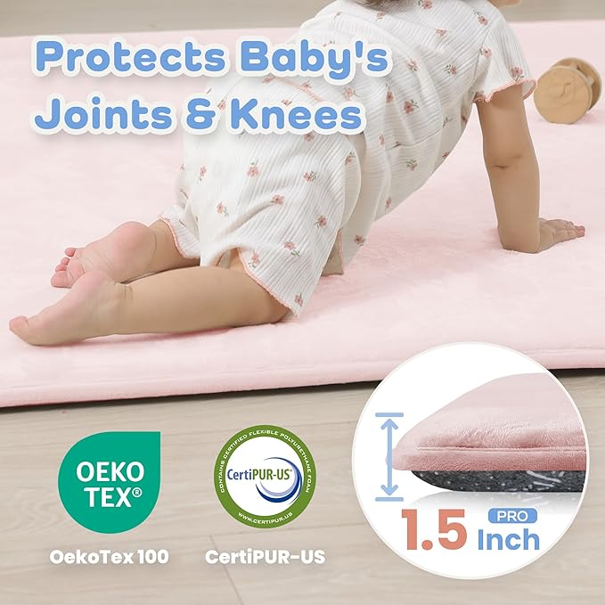 PaPaMat 1.5" Super Thick Baby Play Mat for Floor, 79x118 Pro Soft Flannel Foam Mats for Toddler Infant Kids Crawling for Nursery Rug Playroom Living Room Waterproof Easy Care Non-Slip (Baby Pink)