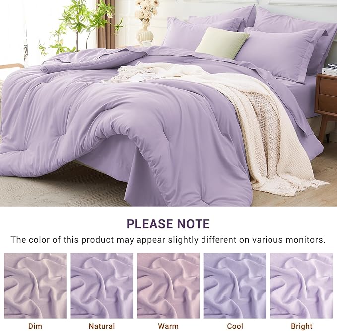 MUXHOMO 7 Pieces King Comforter Set, Soft Bed in a Bag King Size, All Season Bedding Set with Comforter, Flat Sheet, Fitted Sheet, Pillowcases & Shams, Lavender