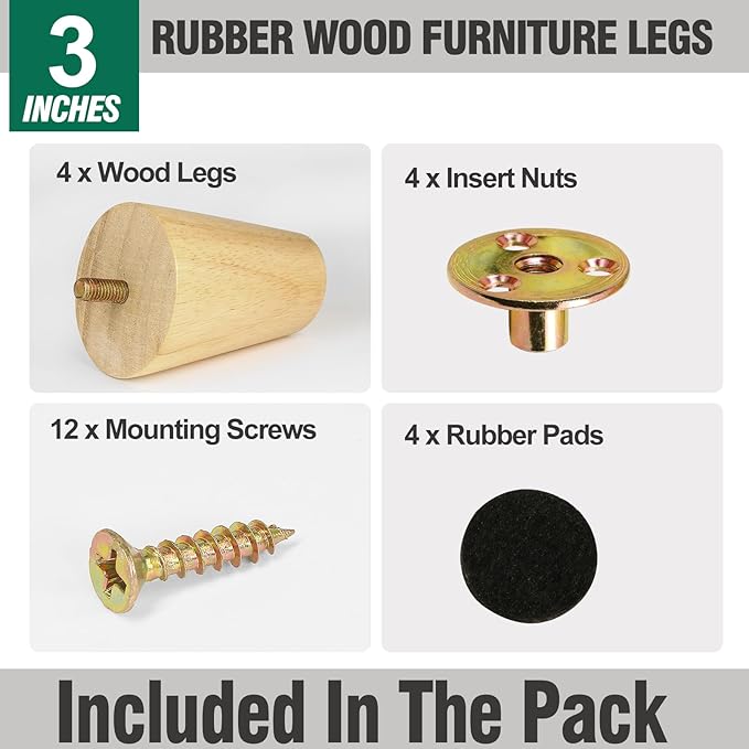 FoDau770 Rubber Wood Furniture Legs 3 Inches, Slant Tapered Wood Feet Mid Century Sofa Legs Set of 4, 5/16" UNC Furniture Feet Replacement Parts for Cabinet Couch Dresser Chair Ottoman Table