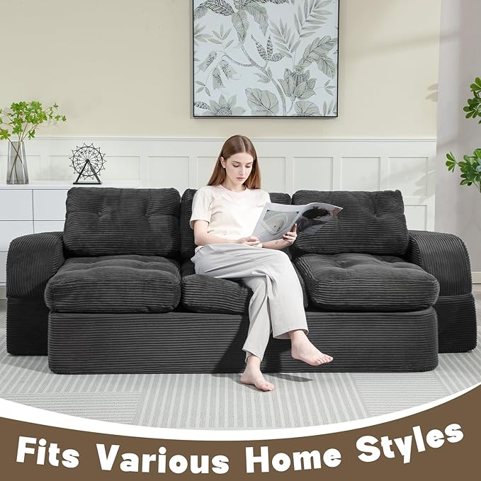 MeMoreCool Convertible Floor Sofa Couch – 3-Seater Sleeper with Tufted Cushions, Dark Grey Corduroy Modular Foam | Cloud Couch for Living Room & Bedroom | No Assembly | Soft Ergonomic Support