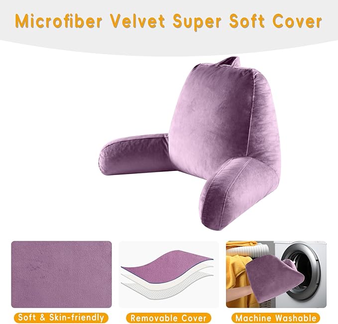 OAISZ Reading Pillow for Sitting in Bed Adult, Reading Pillow with Shredded Memory Foam, Bed Pillow with Washable Cover, Back Pillow Sitting Up with Extend Arms, Purple, X-Large