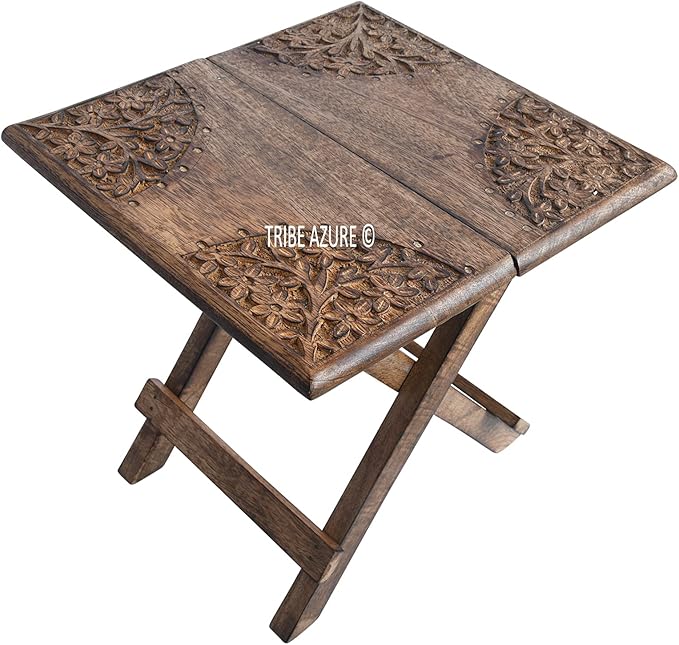 Small Altar Table for Meditation, Puja, Wiccan, Buddhist Practices - Wooden Low Side Table, Japanese Tea Table, Folding Dragon Design With Floral Pattern