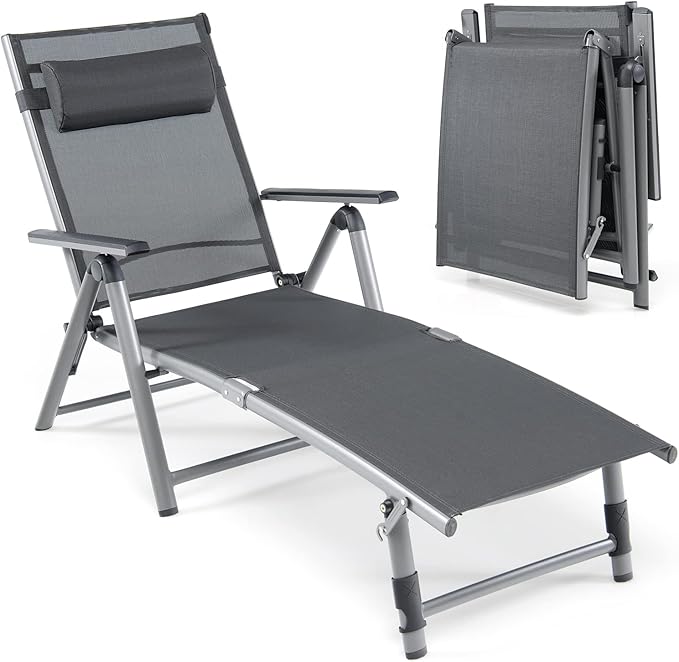 HAPPYGRILL Patio Lounge Chair Aluminum Chaise Lounge Chair with 8-Position Adjustable Backrest, 2-postion Footrest, Comfortable Headrest, Outdoor Folding Reclining Chair for Patio Poolside Backyard