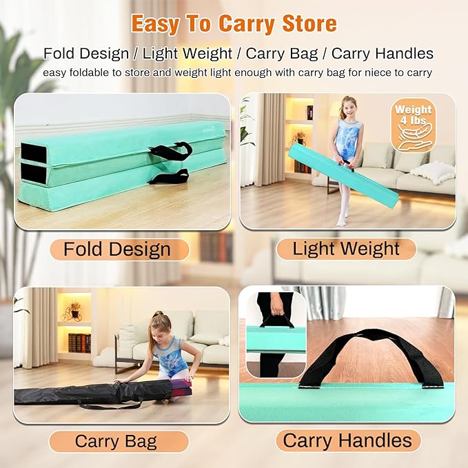 MARFULA 6 FT / 8 FT / 9 FT Folding Gymnastics Beam Foam Balance Floor Beam - Extra Firm - Suede Cover - Anti Slip Bottom with Carry Bag for Kids/Adults Home Use