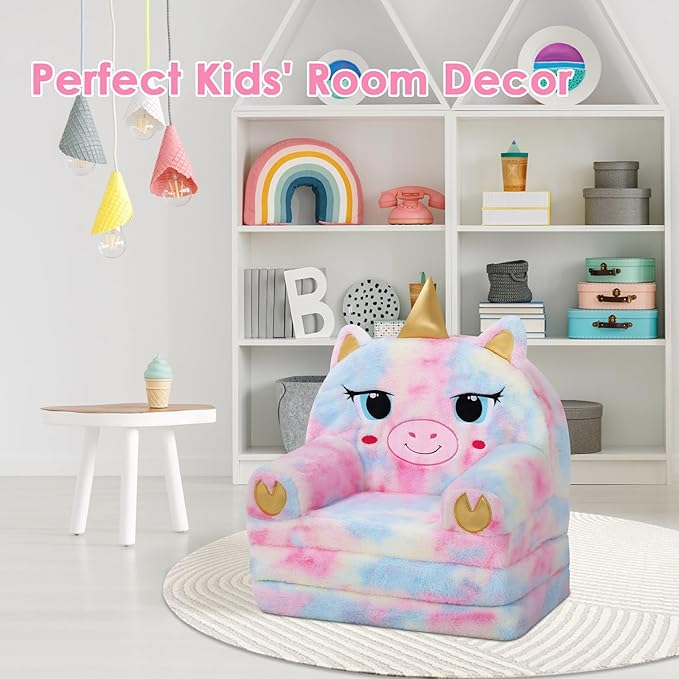 decalsweet Kids Couch Comfy Foldable Kids Sofa to Lounger 2 in 1 Toddler Chair Plush Baby Sleeper Chair for Playing and Napping, Birthday Gifts for Boys and Girls