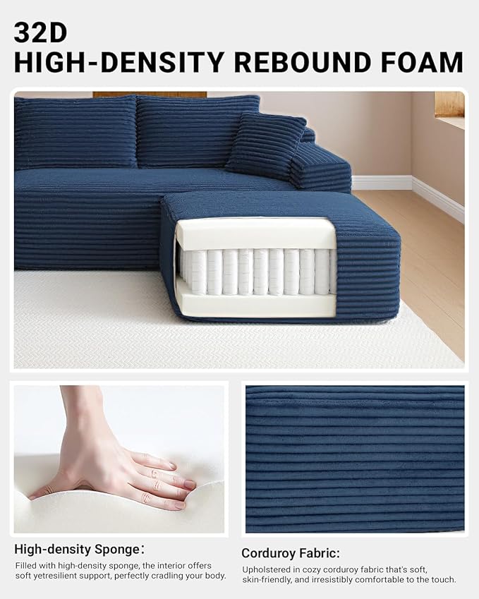 132" Modular Sectional Sleeper Sofa, Boneless Cloud Couch for Living Room, U Shaped 5 Seat Sofa with 2 Cup Holders, Free Combination, No Assembly Required (Blue)
