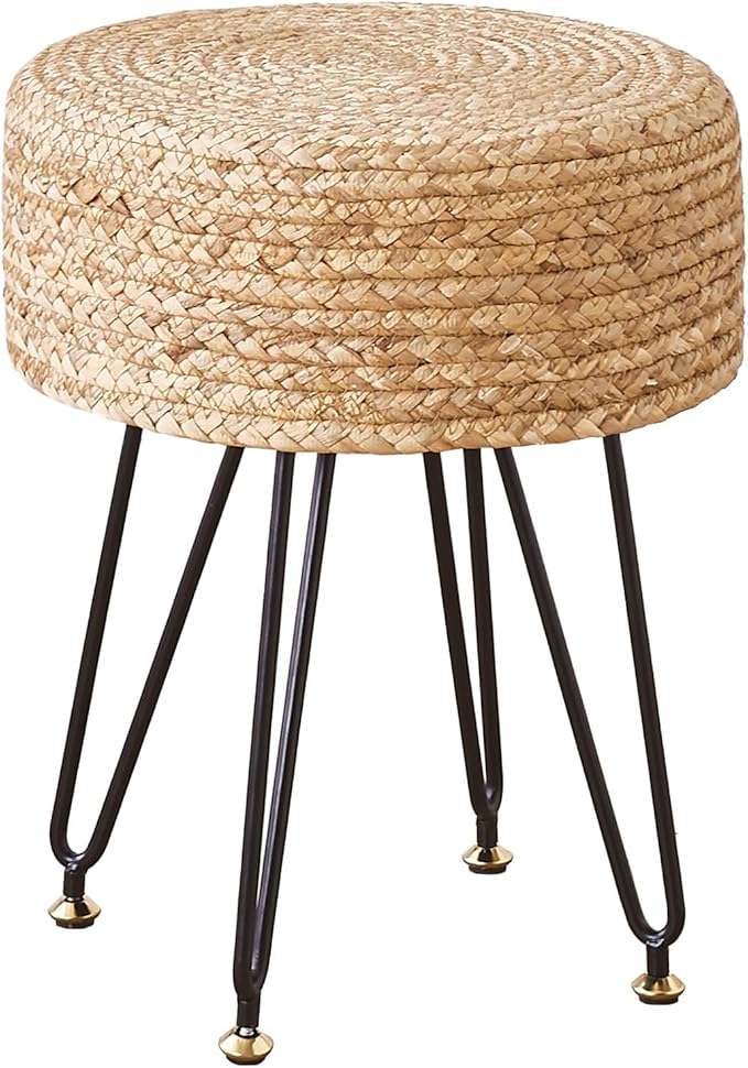 Wimarsbon Ottoman Pouf Handmade Natural Water Hyacinth,Round Footrest with 4 Metal Legs,Vanity Stool for Bedroom,Hallway,Living Room (Primary)