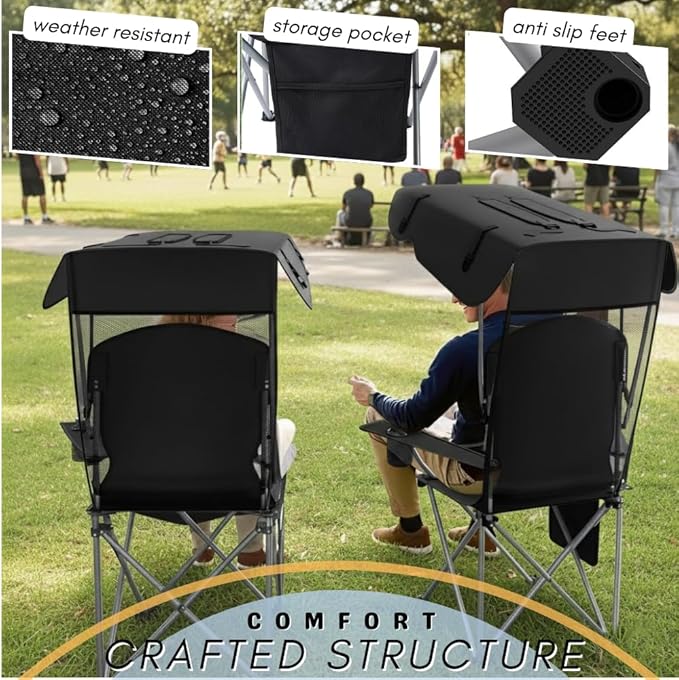 CozyBox Portable Folding Camping Chairs with Canopy Shade, Beach Chair for Adults, Durable Weather Resistant 600D Oxford Cloth, Camping Chair with Canopy for Outdoors [Black-2 Pack]