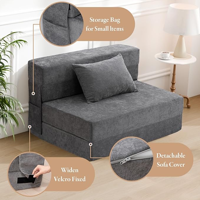 HOMFINE Folding Sofa Bed - Convertible Sleeper Chair with Pillow, Fold Out Couch, Memory Foam Floor Mattress, Futon Couch, Lazy Sofa for Living Room/Dorm/Guest Room/Home Office, Twin, Grey