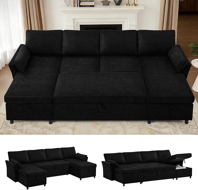 ACMEASE 107 Inches Fabric Sectional Sofa with Pull Out Sofa Bed, Modern U Shaped Sofa with Throw Pillows, Comfortable Sleeper Couch with Storage Chaise for Living Room, Black