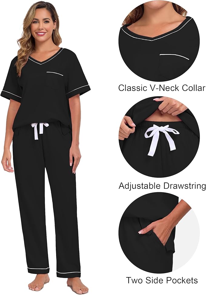 CF Women's 100% Cotton Pajama Sets Soft Short Sleeve Tops & Pants Comfy Sleepwear 2 Piece Lounge set with Pockets Loungewear