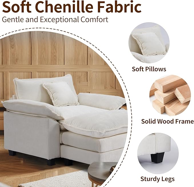 SweetGO corporation 45" Chenille Lounge Chair for Reading, Modern Couch Cozy Sofa Bed, Upholstered Living Room Single Sofa Accent Chair with Ottoman, Beige