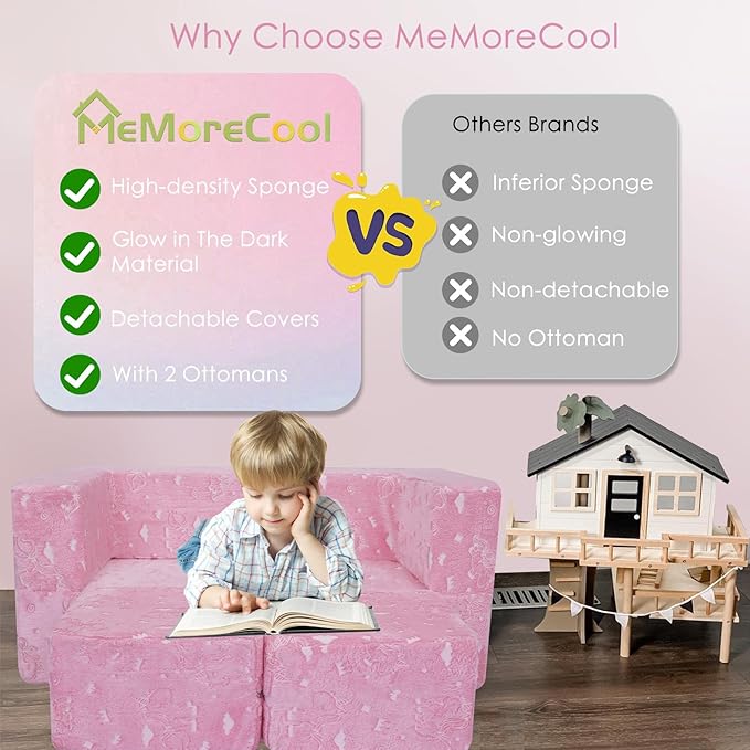 MeMoreCool Glow-in-The-Dark Unicorn Kids Modular Play Couch Sofa – Convertible 2-in-1 Plush Foam Toddler Chair for Children’s Playroom