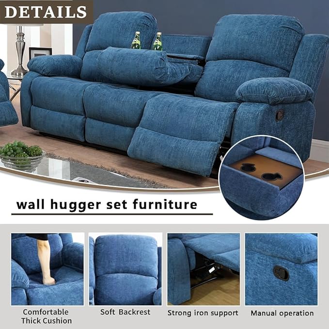 AYCP Microfiber Living Room Furniture Set Reclining Sofa Set Loveseat Furniture Sets in Living Room Sofa Recliners (Sofa, Blue Microfiber)