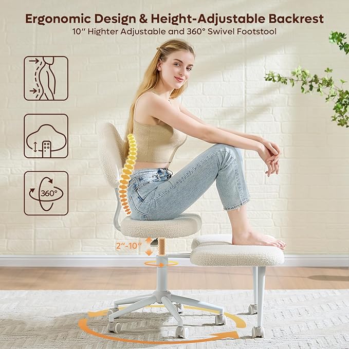 Pinmoco Cross Legged Office Chair with Wheels, Meditation Chair, ADHD Chair for Adults, Wider Height Adjustable Backrest and Seat, Yoga Office Chair, Teddy Fabric, Off White