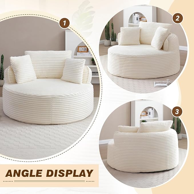 53"W Oversized Round Chaise Longue Chair Indoor,Corduroy Fluffy Comfy Cloud Chair,Circle Bean Bag Sofa with Foam Filling & Pillows,Boneless Reading Cozy Sofa Chairs for Living Room,Bedroom,White